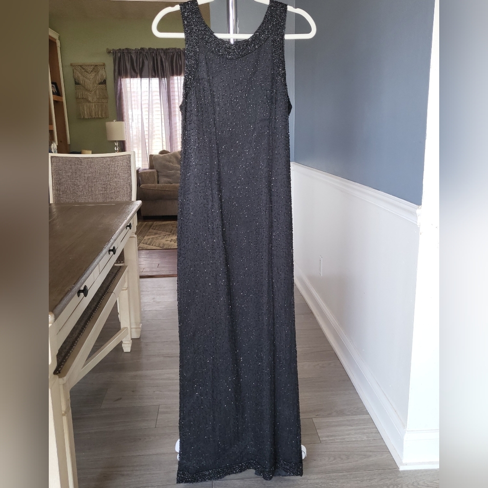 VTG Glamour Laurence Kazar Black Silk Beaded Evening Gown M Maxi Dress Prom Gala